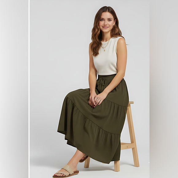 Army Green Boho Tiered Ruched Skirt - Picture 2 of 10